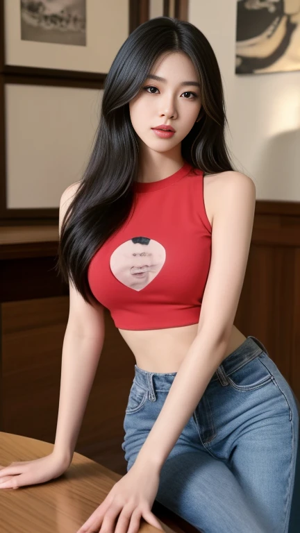 Close-up of a Southeast Asian woman with a round face., ,ผมหางม้าlong hair,float up, black eyes, staring at the viewer, abdominal muscles, shiny body, Large chest 38 inches, morning sun, ((face details)), Double eyelids, realistic, Masterpiece, Highest quality, lens flare, shade, [[Chromatic aberration, digital painting, 8K, 45,000,000,000 pixels,, t-shirt, long hair,black eyes,abdominal muscles, The body is beautiful and strong., rounded chest, (digital painting, HDR, high contrast
