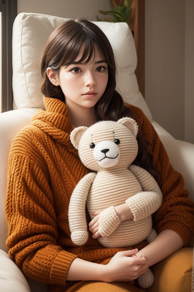 Create an illustrative image of one with a stuffed Lion in an amigurumi in hand