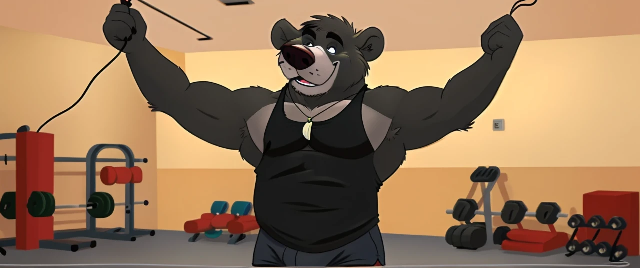 ((masterpiece, best quality)),solo, 1bear, solo, baloo, huge muscular, black gym shorts, black tank top, necklace, black eyes, furry, bear, no humans, gym, cable crossover machine set, pulling the wires, 