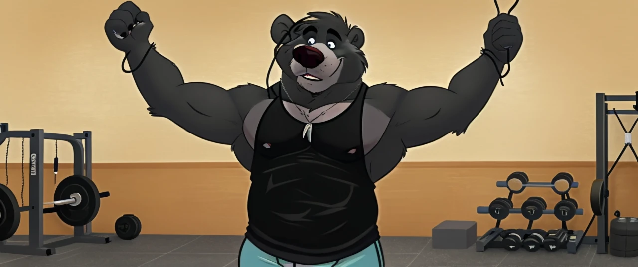 ((masterpiece, best quality)),solo, 1bear, solo, baloo, huge muscular, black gym shorts, black tank top, necklace, black eyes, furry, bear, no humans, gym, cable crossover machine set, pulling the wires, 