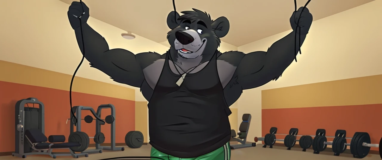 ((masterpiece, best quality)),solo, 1bear, solo, baloo, huge muscular, black gym shorts, black tank top, necklace, black eyes, furry, bear, no humans, gym, cable crossover machine set, pulling the wires, 