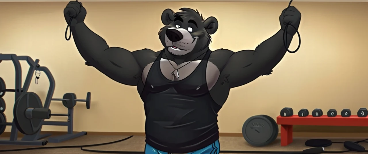 ((masterpiece, best quality)),solo, 1bear, solo, baloo, huge muscular, black gym shorts, black tank top, necklace, black eyes, furry, bear, no humans, gym, cable crossover machine set, pulling the wires, 