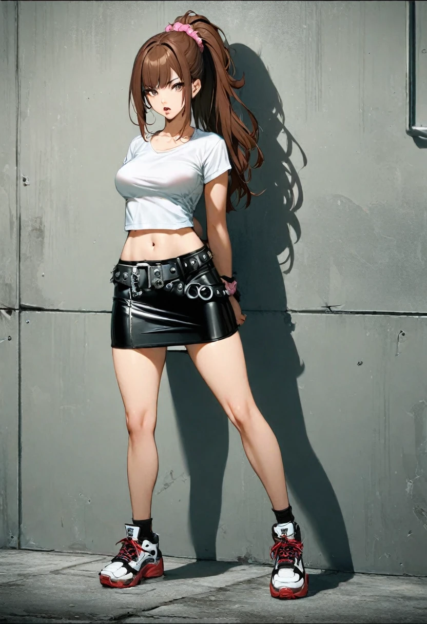 1girl, solo, long hair, breasts, full body, bangs, skirt, brown hair, shirt, hair ornament, navel, brown eyes, medium breasts, standing, white shirt, ponytail, short sleeves, thighs, cowboy shot, parted lips, midriff, punk belt, miniskirt, black skirt, stomach, lips, crop top, arms behind back, scrunchie, hair scrunchie, pencil skirt, against wall, cropped shirt, bare legs, sneakers
