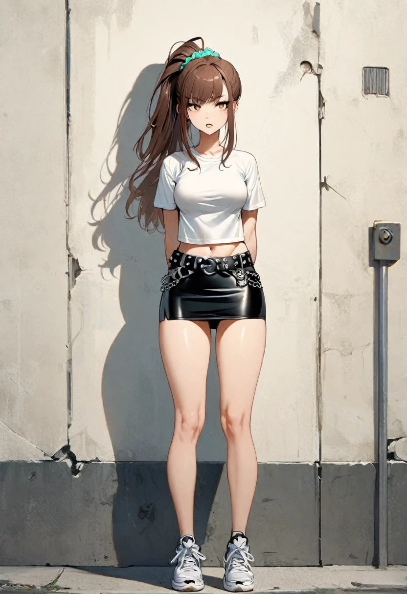 1girl, solo, long hair, breasts, full body, bangs, skirt, brown hair, shirt, hair ornament, navel, brown eyes, medium breasts, standing, white shirt, ponytail, short sleeves, thighs, cowboy shot, parted lips, midriff, punk belt, miniskirt, black skirt, stomach, lips, crop top, arms behind back, scrunchie, hair scrunchie, pencil skirt, against wall, cropped shirt, bare legs, sneakers