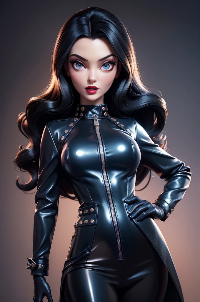 obra prima, melhor qualidade, ((only one woman,)) ((carolyn jones morticia, straight black hair,)) head back, ((sexy sultry wicked look, shiny red lipstick, open mouth, pucker mouth,)) thick smoky black eye shadow, long fake eyelashes, (magenta leather jacket with puff shoulder,) biker jacket has stiff collar, leather blouse, (gold silver leather sweater dress, metallic leather sun dress, leather culottes,) periwinkle blazer length leather coat, (cerulean blue pvc skirt, pockets, zipper side,) studs zippers snaps, shiny leather gloves, nip slip, body is skinny, shiny tight buttocks, arched back, camera view of whole body, looking up at me, shallow depth of field, highres, HD, 8k, anatomically correct