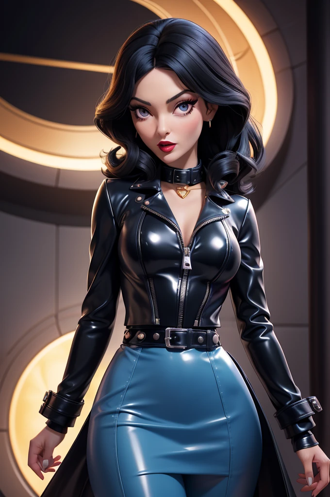 obra prima, melhor qualidade, ((only one woman,)) ((carolyn jones morticia, straight black hair,)) head back, ((sexy sultry wicked look, shiny red lipstick, open mouth, pucker mouth,)) thick smoky black eye shadow, long fake eyelashes, (magenta leather jacket with puff shoulder,) biker jacket has stiff collar, leather blouse, (gold silver leather sweater dress, metallic leather sun dress, leather culottes,) periwinkle blazer length leather coat, (cerulean blue pvc skirt, pockets, zipper side,) studs zippers snaps, shiny leather gloves, nip slip, body is skinny, shiny tight buttocks, arched back, camera view of whole body, looking up at me, shallow depth of field, highres, HD, 8k, anatomically correct