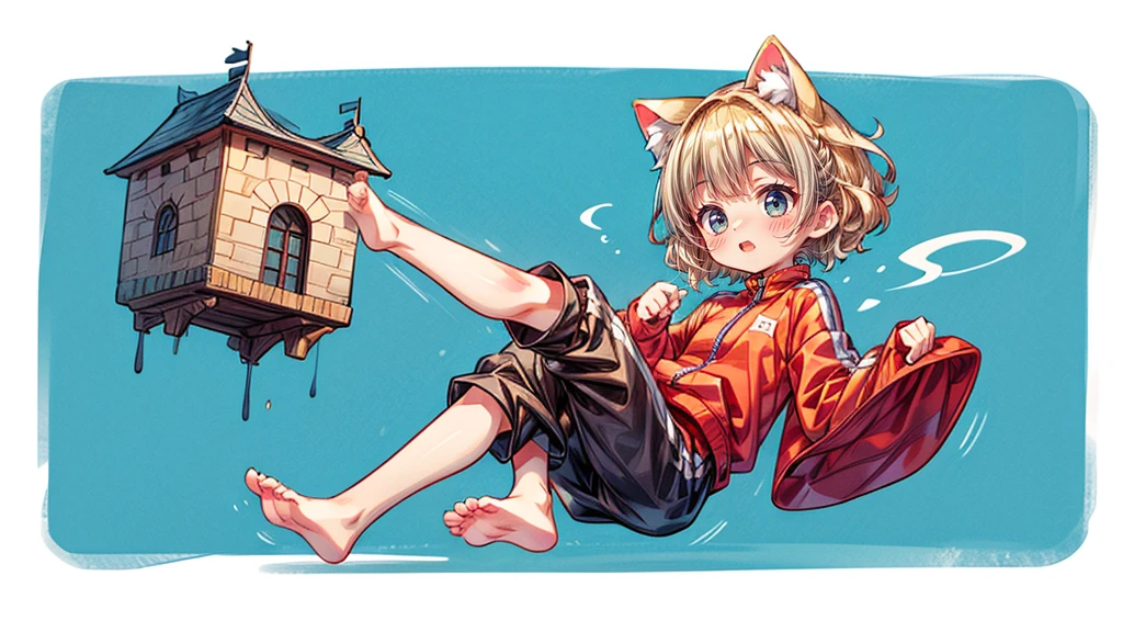 short hair、Cat ear、Flying Castle, Full of air,One girl、Big smile、Blonde Hair、short hair、Side hair is curled inward、Curly hair along the jawline、紺色のTracksuits_White line from shoulder to wrist、Black shorts、barefoot、Tracksuits、Turquoise Eyes
