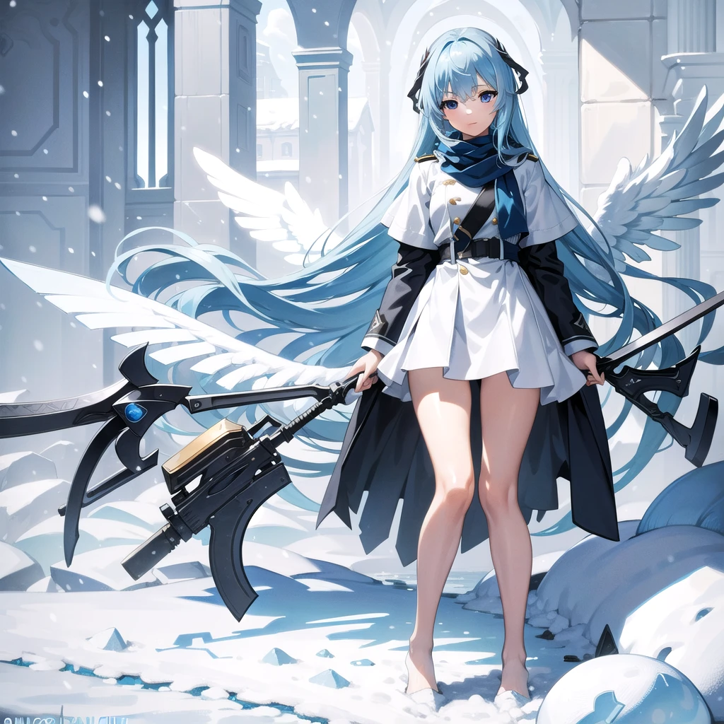 masterpiece, highest quality, highest resolution, clear_image, detailed details, light blue hair, long hair, one girl, light blue eyes, black military clothing, light blue scarf, light blue wings (4 wings), cute, full body, no water marks, snow (falling snow)