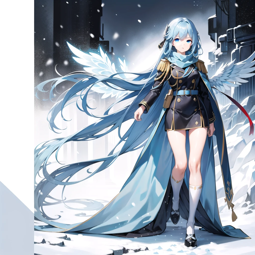 masterpiece, highest quality, highest resolution, clear_image, detailed details, light blue hair, long hair, one girl, light blue eyes, black military clothing, light blue scarf, light blue wings (4 wings), cute, full body, no water marks, snow (falling snow)