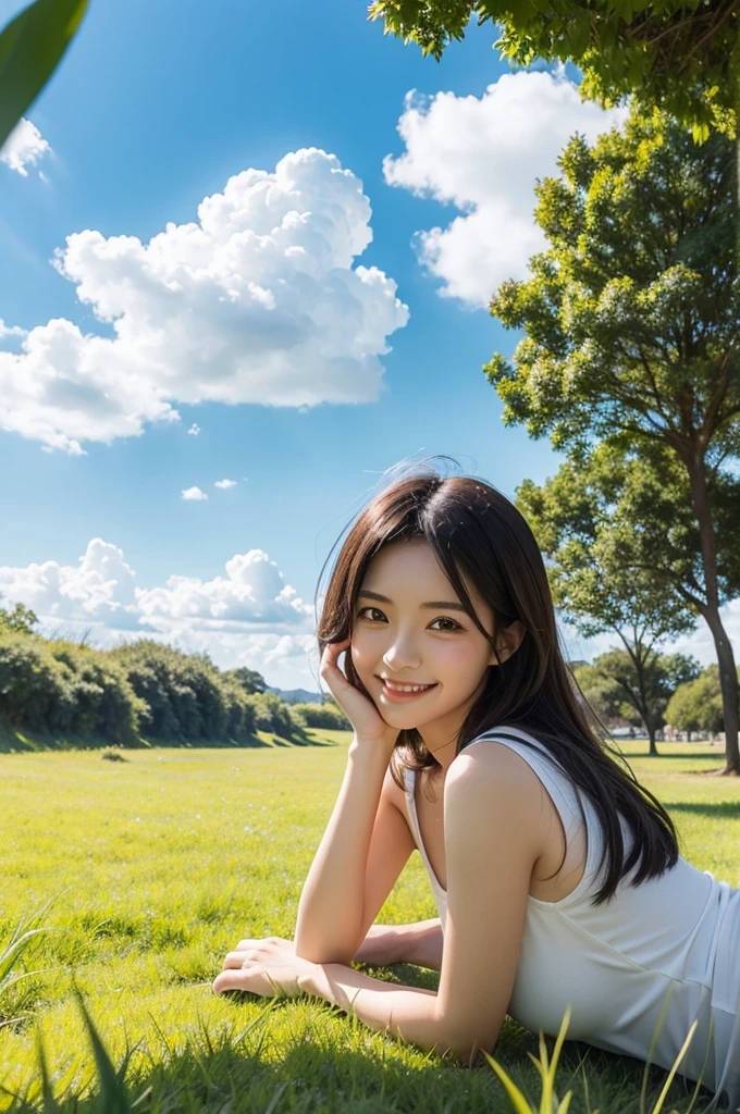 Cartoon anime style，2D，antiquity，Sunlight ，grassland，Smile