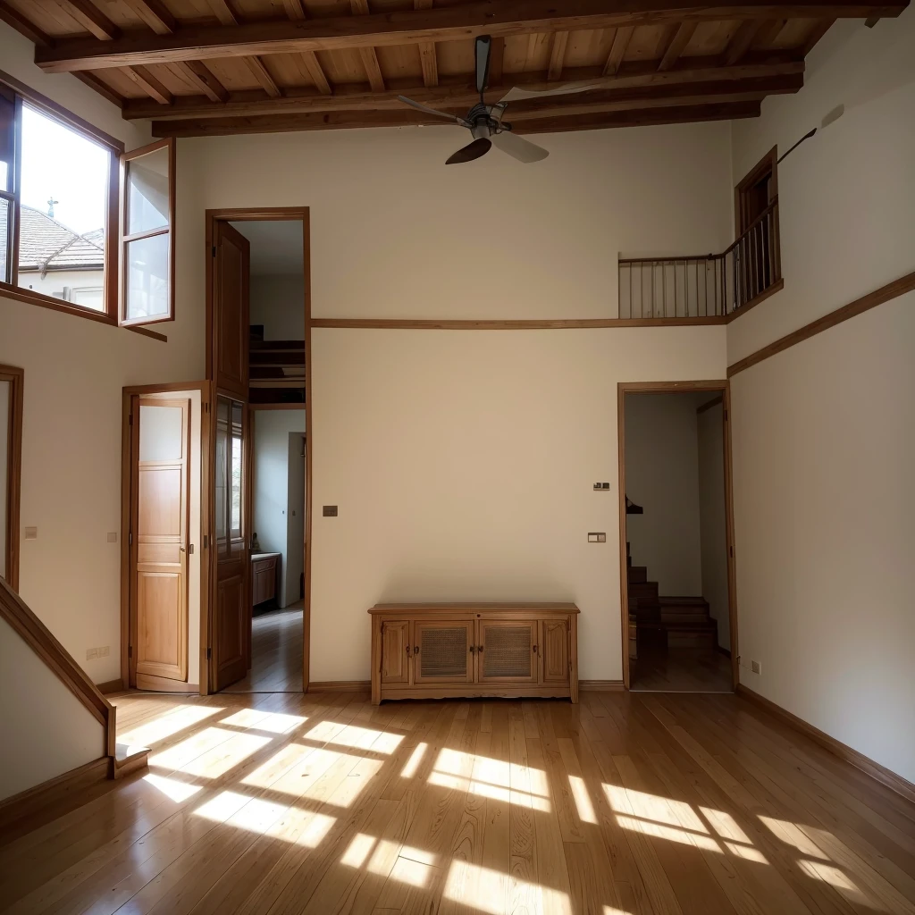 Room 12m x 7m, containing the entrance door and staircase to the second floor, without furniture. The living room has a large door to the backyard, located on the wall opposite the kitchen.