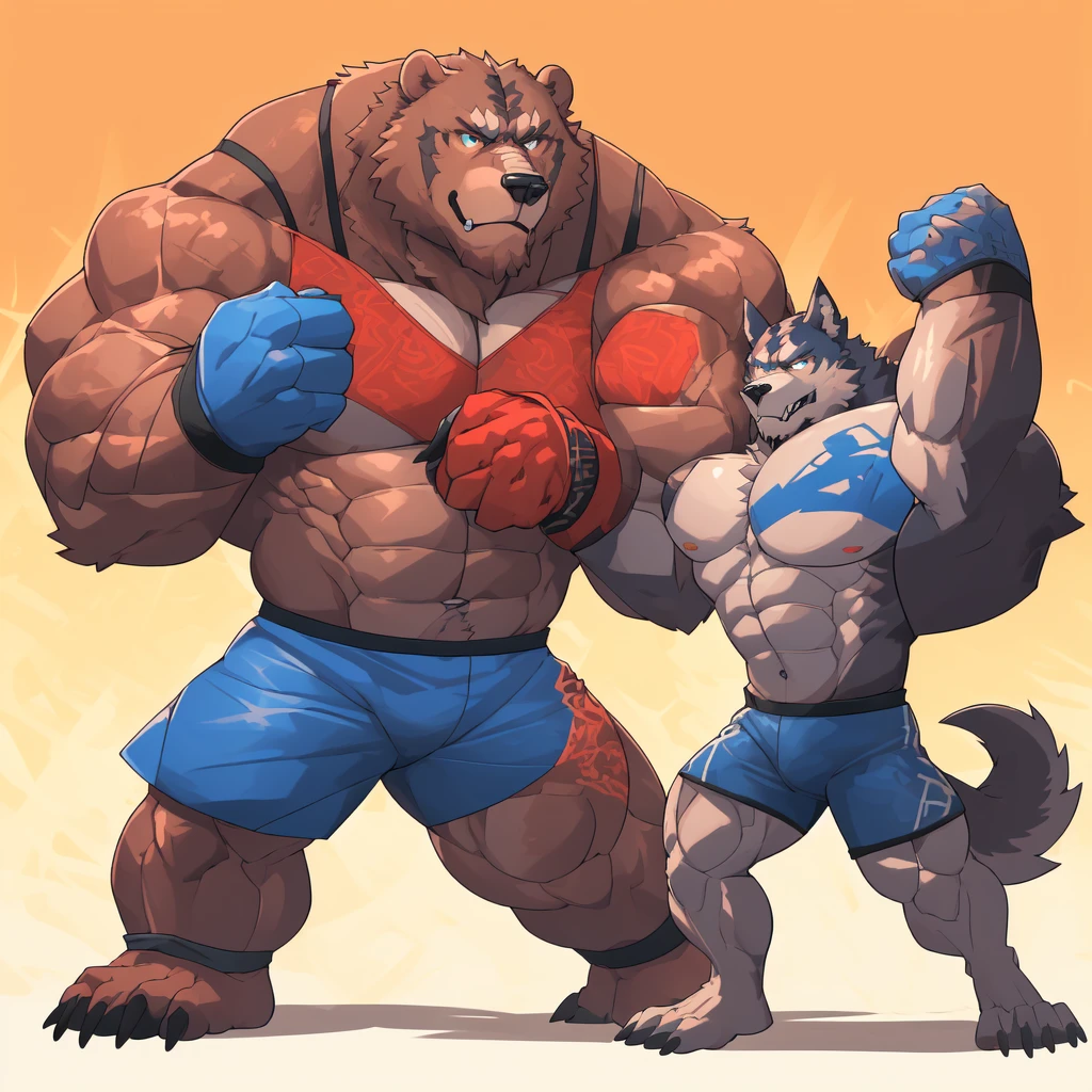 Huge muscular thick Grizzly Bear bodybuilder shirtless in blue MMA shorts, blue MMA gloves and blue foot wear, muscular Husky Dog bodybuilder shirtless in red MMA shorts, red MMA gloves and red foot wear, at the MMA tournament. MMA Grizzly bear vs MMA Huku challenger. Fighting match
