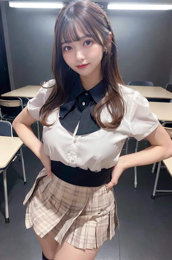 ((1 girl)), ((Best Quality)), ((Ultra-detailed)), ((High resolution)), (8K Wallpaper), ((Perfect dynamic composition)), Realistic, Indoors, In the classroom, A blackboard and some tables, ((Cinematic lighting)), Solo, Cowboy shot, Japanese girl, Wavy long hair, Bangs, Brown hair, ((Beautiful detailed eyes)), , (Dress shirt:1.4), White shirt, ((Large breasts)), (Huge breasts), Short sleeve, Navy pleated skirt, Short skirt, Standing, Seductive pose, Smile, (Looking at viewer)