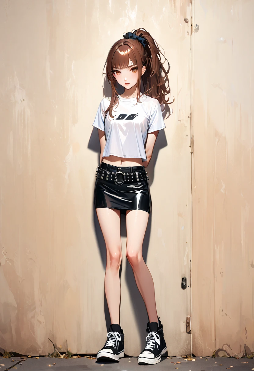 1girl, tall, solo, long hair, breasts, full body, bangs, skirt, brown hair, shirt, hair ornament, navel, brown eyes, medium breasts, standing, white shirt, ponytail, short sleeves, thighs, midriff, punk belt, miniskirt, black skirt, stomach, lips, crop top, arms behind back, scrunchie, hair scrunchie, pencil skirt, against wall, cropped shirt, bare legs, sneakers
