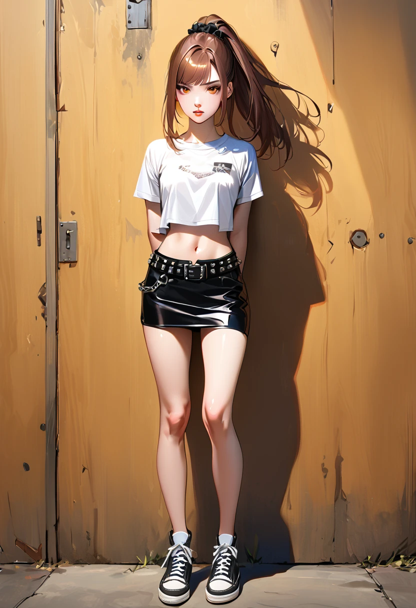 1girl, tall, solo, long hair, breasts, full body, bangs, skirt, brown hair, shirt, hair ornament, navel, brown eyes, medium breasts, standing, white shirt, ponytail, short sleeves, thighs, midriff, punk belt, miniskirt, black skirt, stomach, lips, crop top, arms behind back, scrunchie, hair scrunchie, pencil skirt, against wall, cropped shirt, bare legs, sneakers
