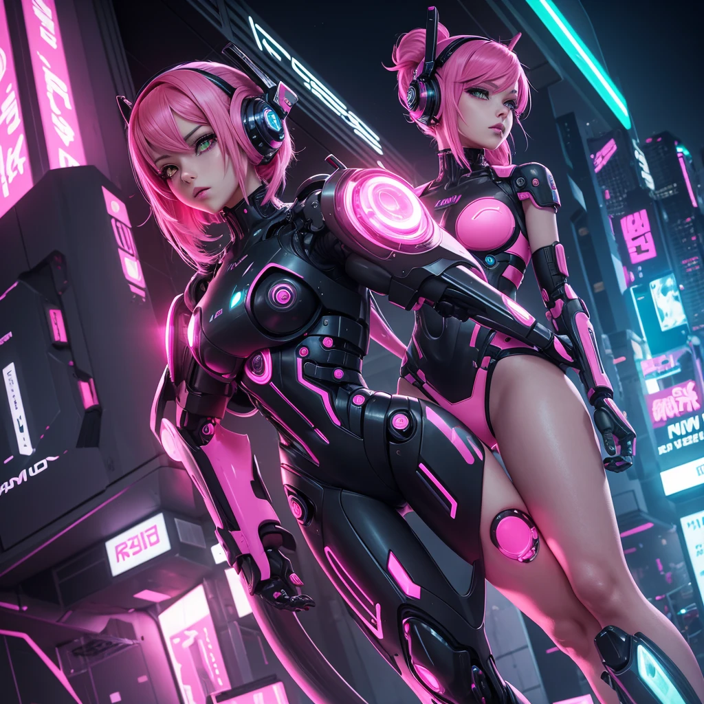 Robot Girl Android with pink hair in a pink suit with small yellow elements half cyborg modification Sad Beautiful sexy with bright yellow eyes stands in full height with a half turn sideways Anime Style black background Cyberpunk style, Sexy thighs, black background image of night black city and pink neon lights