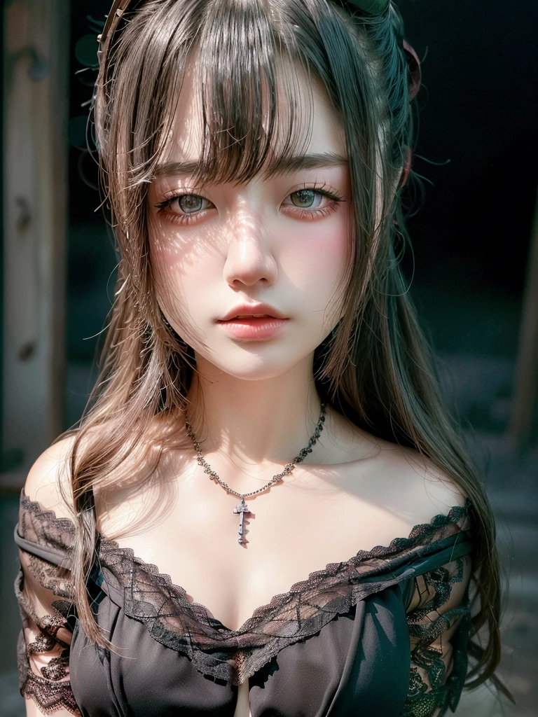 Highest quality, masterpiece, Ultra-high resolution, (Realistic:1.5), RAW Photos,Dark Background、Professional Lighting、Professional Lighting、1 Girl, Off the shoulder, In the Dark, Deep Shadow, secret key, Cold Light, Sexy Looks, (((lace fabric dresses)))、elegant necklace、((Small breasts))、Looking at the audience、