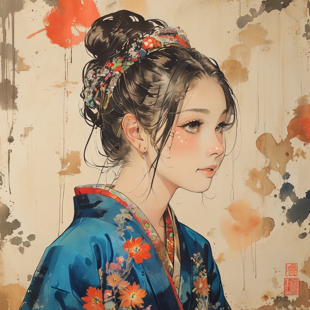 (Background, symmetrical, Compositions with colorful geometric arabesque patterns):1.3, (hair bun, single braid, dark brown hair), (top-quality, very detailed illustration), (1woman:1.3, solo), (japanese kimono), (ultra delicate face, ultra Beautiful fece, ultra delicate eyes, ultra detailed nose, ultra detailed mouth, ultra detailed facial features), (dress, off-shoulders), (medium breast:1.3), from the front side, slender body:0.8, lipgloss, (smiling:0.8