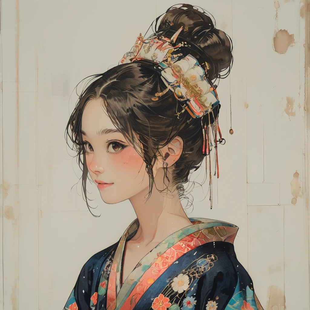 (Background, symmetrical, Compositions with colorful geometric arabesque patterns):1.3, (hair bun, single braid, dark brown hair), (top-quality, very detailed illustration), (1woman:1.3, solo), (japanese kimono), (ultra delicate face, ultra Beautiful fece, ultra delicate eyes, ultra detailed nose, ultra detailed mouth, ultra detailed facial features), (dress, off-shoulders), (medium breast:1.3), from the front side, slender body:0.8, lipgloss, (smiling:0.8