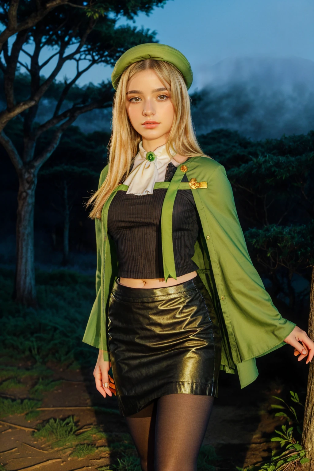 1 girl, best quality, ((Miyo)), tarankaaa, perfect face, beautiful smile, 30 years old, ((ascot, uniform, black skirt, cross, ribbon, gold blonde hair, emerald, beret, cape, pantyhose, her shirt cover hips)), ((perfectly drawn hands)), perfect body, bare tree, bush, fog, forest, grass, nature, outdoors, plant, scenery, solo, standing, tree, 32k photograph, ((perfect eyes, detailed eyes,realistic eyes)), ((sharp face, detailed face, realistic face, natural skin, realistic skin, detailed skin, pores)), full body, tone mapping, asian-european, ((masterpiece)), ((highres)), ((detailed background)), japanese village background, night, big proportions,