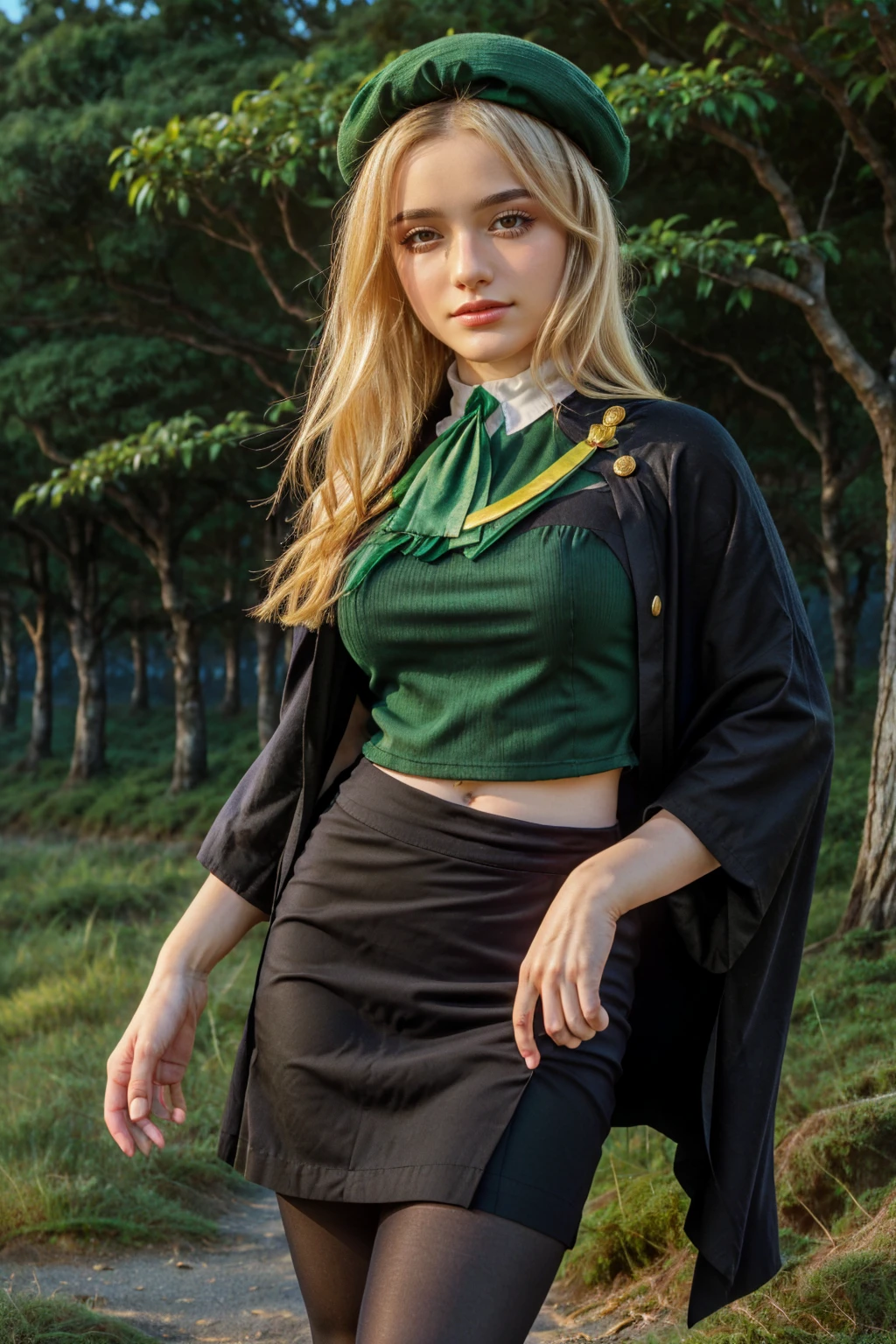 1 girl, best quality, ((Miyo)), tarankaaa, perfect face, NOT Dasha Taran, beautiful smile, 30 years old, ((ascot,uniform, black skirt, cross, ribbon, gold blonde hair, emerald, beret, cape, pantyhose)), ((perfectly drawn hands)), perfect body, bare tree, bush, fog, forest, grass, nature, outdoors, plant, scenery, solo, standing, tree, 32k photograph, ((perfect eyes, detailed eyes,realistic eyes)), ((sharp face, detailed face, realistic face, natural skin, realistic skin, detailed skin, pores)), full body, tone mapping, asian-european, ((masterpiece)), ((highres)), ((detailed background)), japanese village background, night, big proportions, (abdomen is covered)
