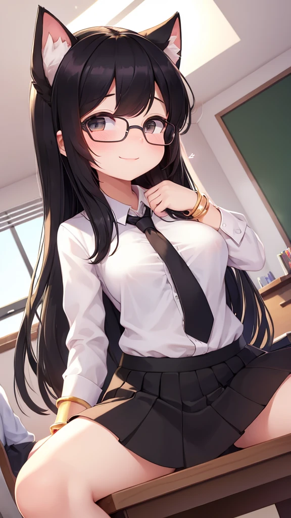 (young :1.6),1 girl,black long hair,black cat ears,black cat tail,small breasts,white shirt,black necktie,black mini skirt,classroom,sparkle light,gold light,morning,glasses,cute bracelet,ribbon hair ornament,full face blush,looking at viewer,passionate face,smilesquinting eyes,heart eyes,hand at breasts,sit on chair,low angle