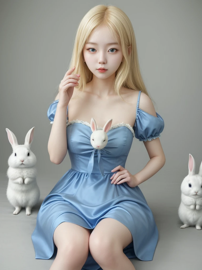 Korean blonde girl in blue dress next to a white rabbit 
