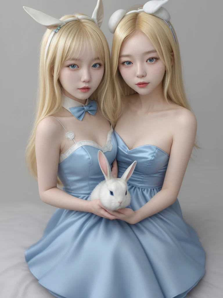 Korean blonde girl in blue dress next to a white rabbit
