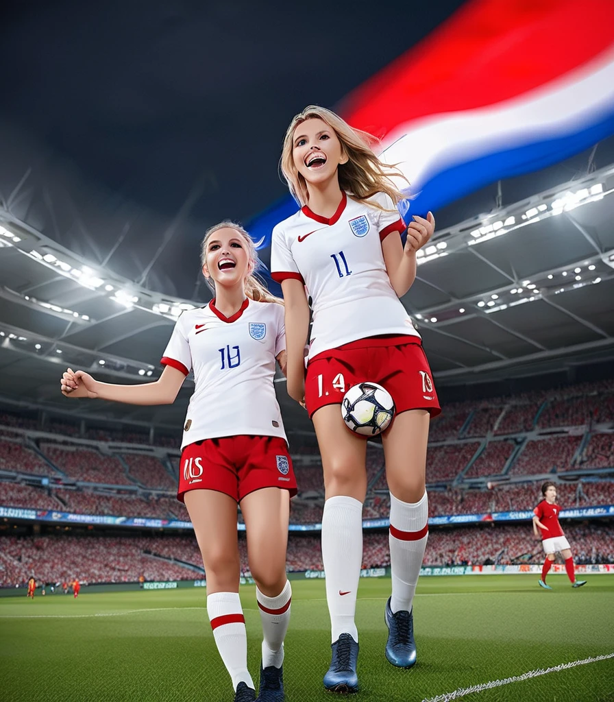 Photo of a young woman with blonde hair,smile, Beautiful shape, Black shirt, holding a golden soccer ball,at the casino