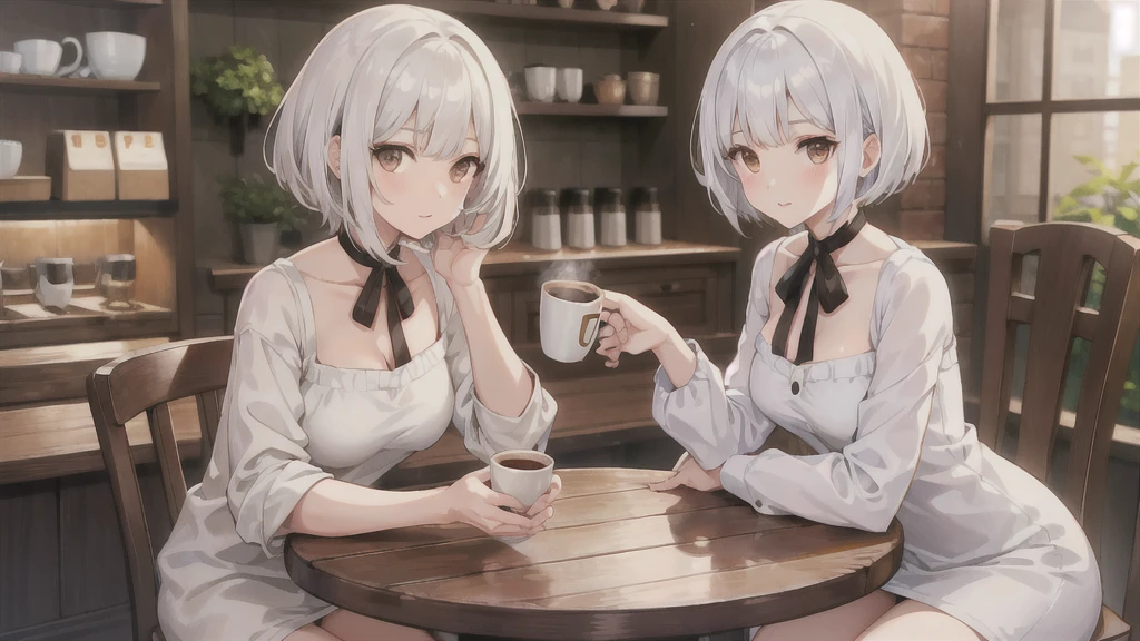 A girl with white hair cut down to her neck and brown eyes. Cozy coffee, table, up câmera, cup with coffee, eteral beauty, anime