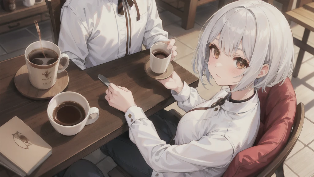A girl with white hair cut down to her neck and brown eyes. Cozy coffee, table, up câmera, cup with coffee, eteral beauty, anime