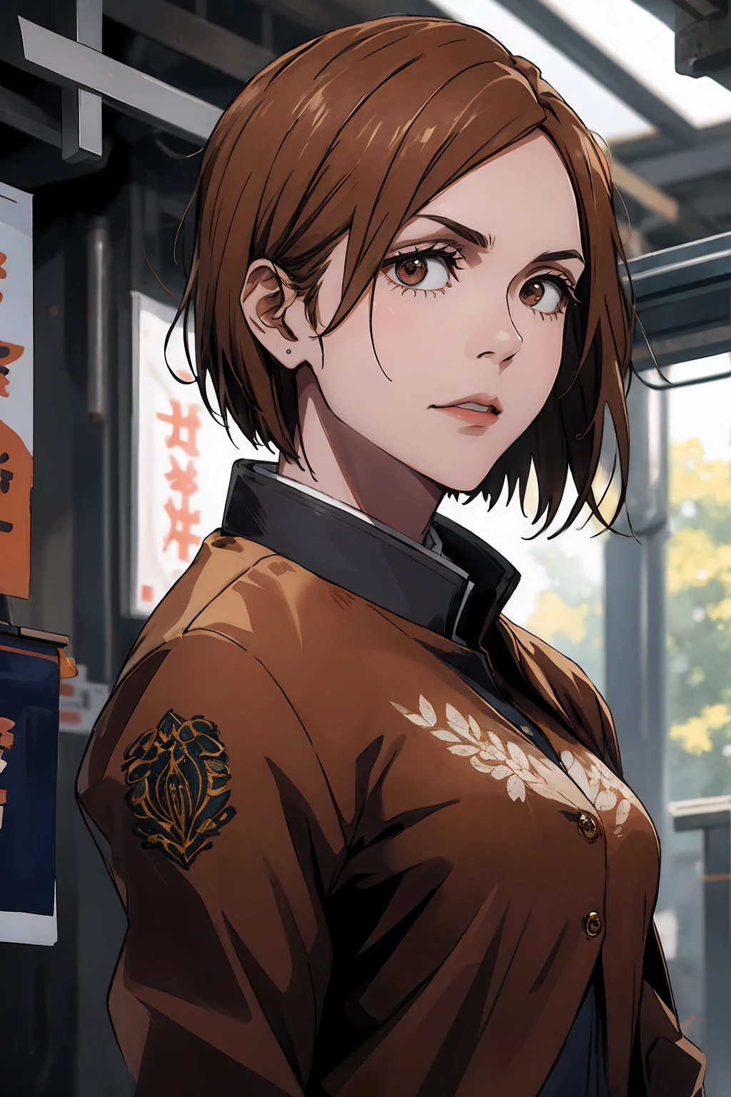 1girl, cowboy shot, beautiful Nobara, school_uniform, bangs, jacket,, volumetric lighting, best quality, masterpiece, intricate details, tonemapping, sharp focus, hyper detailed, trending on Art Station, 4k, upper body,