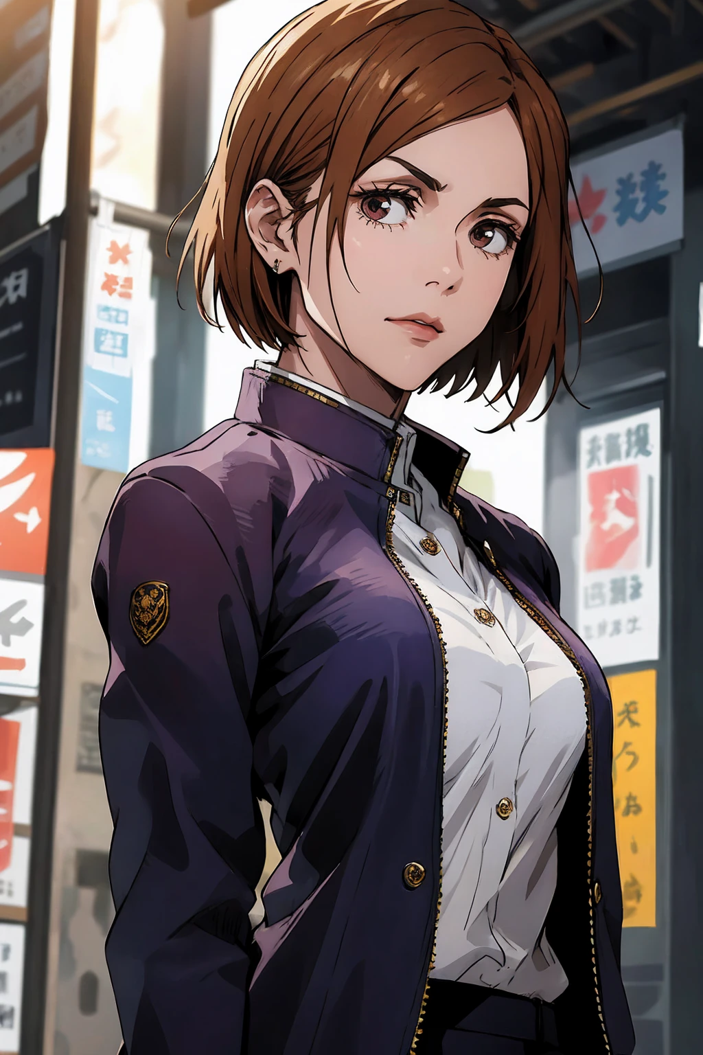 1girl, cowboy shot, beautiful Nobara, school_uniform, bangs, jacket,, volumetric lighting, best quality, masterpiece, intricate details, tonemapping, sharp focus, hyper detailed, trending on Art Station, 4k, upper body,