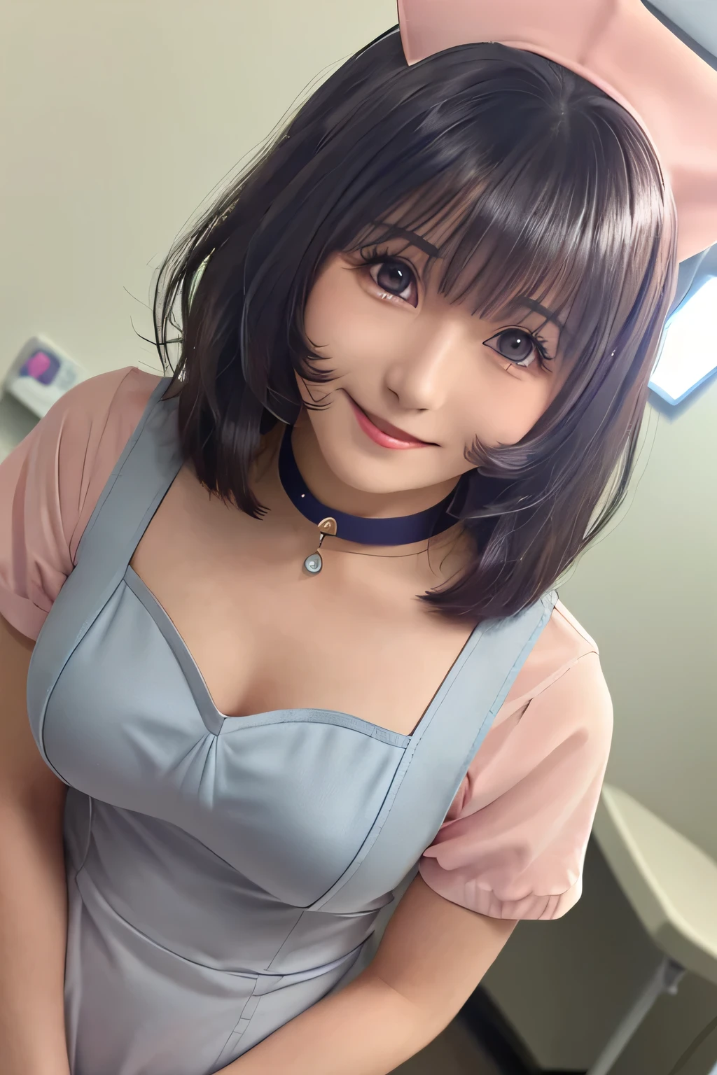 (Highest quality, masterpiece:1.3, Ultra-high resolution), (Very detailed), (Realistic:1.4, RAW shooting), ((nurse:1.2)), ((the body is slim)), girl, Japanese, cute, Straight Hair, Big Breasts, Turn your body forward, (View from the front:1.1), Looking into the camera, focused on the chest, Light brown hair, ((Black Choker)), Very long and bushy eyelashes, blue eyes, bangs、 ((Wicked Smile)), ((Full body portrait)), Hospital room