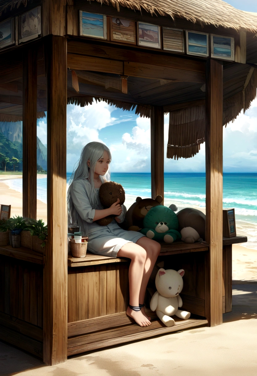 Thoughtful white long hair young man with a stuffed animal in his hands , sitting in a kiosk looking at the beach fully HD , anime ,hyperrealistic