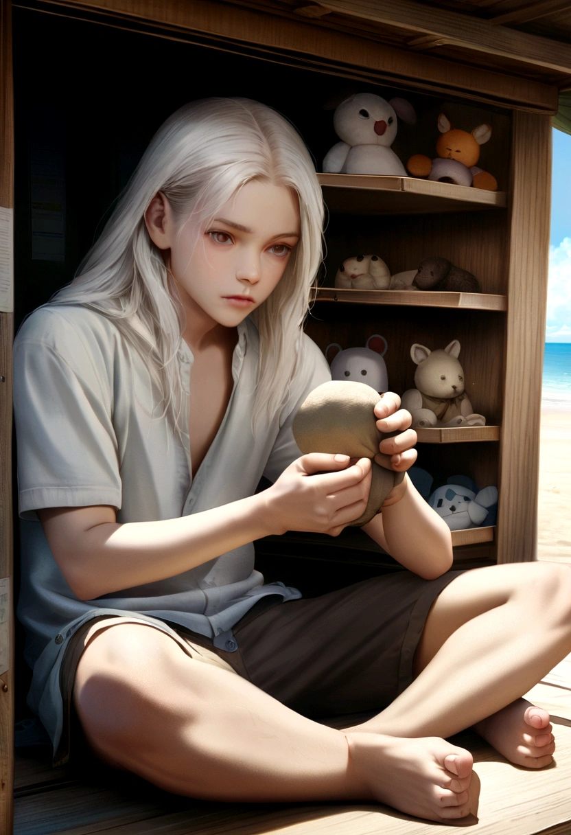 Thoughtful white long hair young man with a stuffed animal in his hands , sitting in a kiosk looking at the beach fully HD , anime ,hyperrealistic 