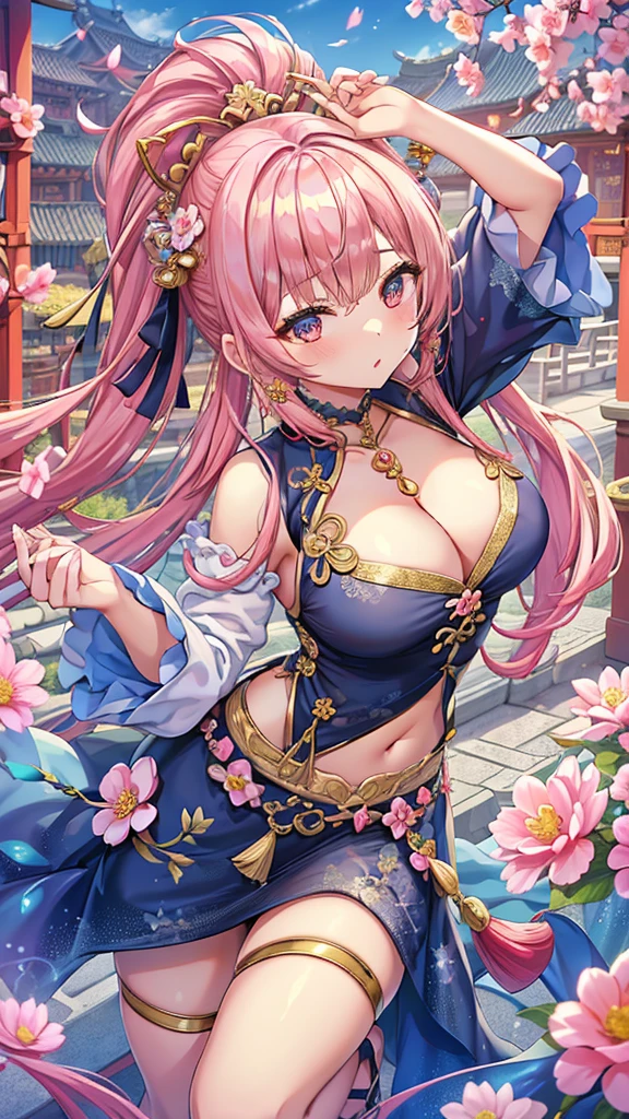 Masterpiece、Highest quality、Super detailed、1 girl、Light pink hair、Fluffy and soft long hair、Starry eyes、Big Tits、Cleavage、Chinese clothing、ribbon、Frills、Belly button、Chinese fantasy town、Earrings、choker、Chinese style hair accessories、City of glitter、lanthanum