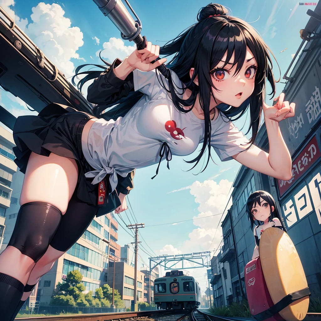 girl similar to gorillaz noodle, long black straight hair ((drawing)), ((anime girl nose)), tied to the train, comical image, funny