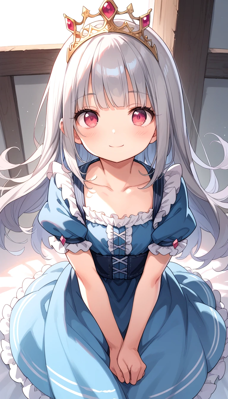 1girl, solo, long hair, looking at viewer, blush, smile, bangs, red eyes, dress, closed mouth, collarbone, short sleeves, grey hair, frills, puffy sleeves, pink eyes, puffy short sleeves, blue dress, frilled dress, tiara, aged down, crown, , v arms