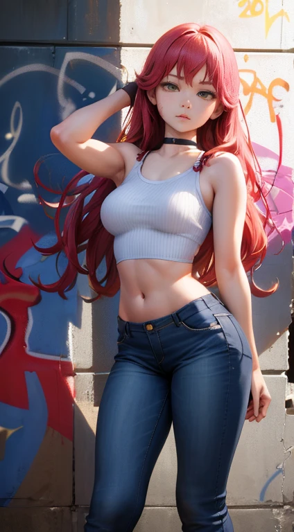 master-piece, bestquality, 1girls,25 years old, proportional body, elongated legs, Beautiful, proportional., crop top, Long Jeans, mediuml breasts, ,bara, crop top, choker, (Graffiti:1.5), Splash with purple lightning pattern., arm behind back, against wall, View viewers from the front., Thigh strap, Head tilt, bored,(NSTDA.:1.2), (10, beste-Qualit, master-piece: 1.4), Beautiful red hair, ultra-high resolution, (lifelike, photorealistic portrait: 1.48), 20 age, Cute Girl, (Looking Through Crop Tops.), Famous Japanese actors, beautiful clear eyes, Head tilt, cowboy shot, from the front, looking at the audience, expressionless, Beautiful lake, Zeiss 150mm F/ 2.8 Hasselblad,  Whole body, foot, Ultra-Wide Angle,