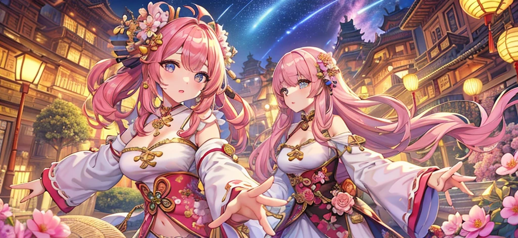 Masterpiece、Highest quality、Super detailed、1 girl、Light pink hair、Fluffy and soft long hair、Starry eyes、Big Tits、Cleavage、Chinese clothing、ribbon、Frills、Belly button、Chinese fantasy town、Earrings、choker、Chinese style hair accessories、City of glitter、lanthanum