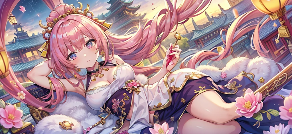An adult woman with pink eyes, long bright pink hair with fox ears. Wears an elegant dress. She must be wearing a pink leggings. she comes from wonderland