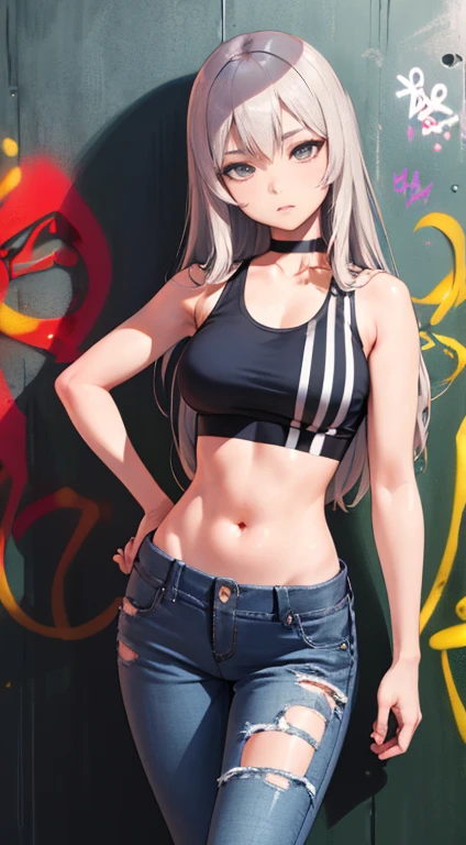 master-piece, bestquality, 1girls,25 years old, proportional body, elongated legs, Beautiful, proportional., crop top, Long Jeans, mediuml breasts, ,bara, crop top, choker, (Graffiti:1.5), Splash with purple lightning pattern., arm behind back, against wall, View viewers from the front., Thigh strap, Head tilt, bored,(NSTDA.:1.2), (10, beste-Qualit, master-piece: 1.4), Beautiful red hair, ultra-high resolution, (lifelike, photorealistic portrait: 1.48), 20 age, Cute Girl, (Looking Through Crop Tops.), Famous Japanese actors, beautiful clear eyes, Head tilt, cowboy shot, from the front, looking at the audience, expressionless, Beautiful lake, Zeiss 150mm F/ 2.8 Hasselblad, Whole body, foot, Ultra-Wide Angle,