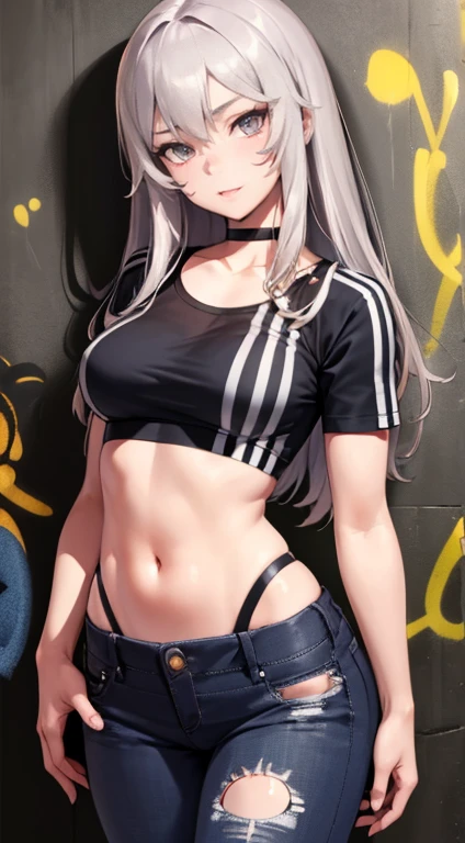 master-piece, bestquality, 1girls,25 years old, proportional body, elongated legs, Beautiful, proportional., crop top, Long Jeans, mediuml breasts, ,bara, crop top, choker, (Graffiti:1.5), Splash with purple lightning pattern., arm behind back, against wall, View viewers from the front., Thigh strap, Head tilt, bored,(NSTDA.:1.2), (10, beste-Qualit, master-piece: 1.4), Beautiful red hair, ultra-high resolution, (lifelike, photorealistic portrait: 1.48), 20 age, Cute Girl, (Looking Through Crop Tops.), Famous Japanese actors, beautiful clear eyes, Head tilt, cowboy shot, from the front, looking at the audience, expressionless, Beautiful lake, Zeiss 150mm F/ 2.8 Hasselblad,  Whole body, foot, Ultra-Wide Angle,