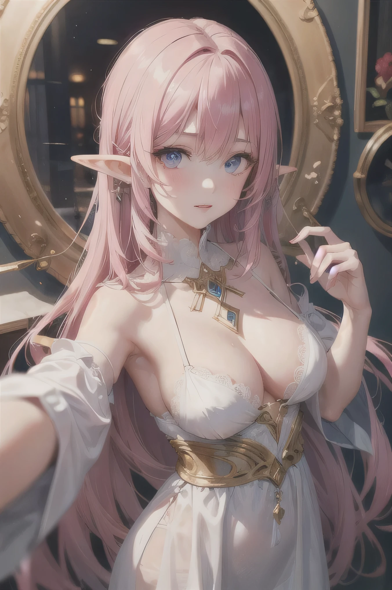 1 girl, pink hair,salmonete, female elf,white gown,detailed eyes, Eyes red,realisitic, excellent quality
