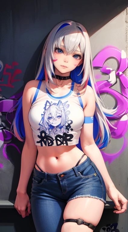 master-piece, bestquality, 1girls,25 years old, proportional body, elongated legs, Beautiful, proportional., crop top, Long Jeans, mediuml breasts, ,bara, crop top, choker, (Graffiti:1.5), Splash with purple lightning pattern., arm behind back, against wall, View viewers from the front., Thigh strap, Head tilt, bored,(NSTDA.:1.2), (10, beste-Qualit, master-piece: 1.4), Beautiful red hair, ultra-high resolution, (lifelike, photorealistic portrait: 1.48), 20 age, Cute Girl, (Looking Through Crop Tops.), Famous Japanese actors, beautiful clear eyes, Head tilt, cowboy shot, from the front, looking at the audience, expressionless, Beautiful lake, Zeiss 150mm F/ 2.8 Hasselblad,  Whole body, foot, Ultra-Wide Angle,