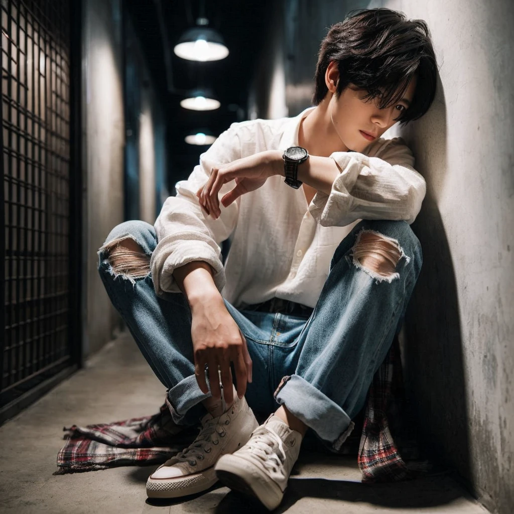 long shoot portrait, a 27-year-old Korean short mullet-haired man, wearing white shirts with flannel shirts torn blue jeans, ideal body, ideal height, sitting crouching on the floor leaning against a wall in a dark hallway with one light light, dim light, face down, realistic photo, ultra realistic, ultra-resolution, ultra-quality, ultra-resolution, ultra-resolution, very detail, 16k