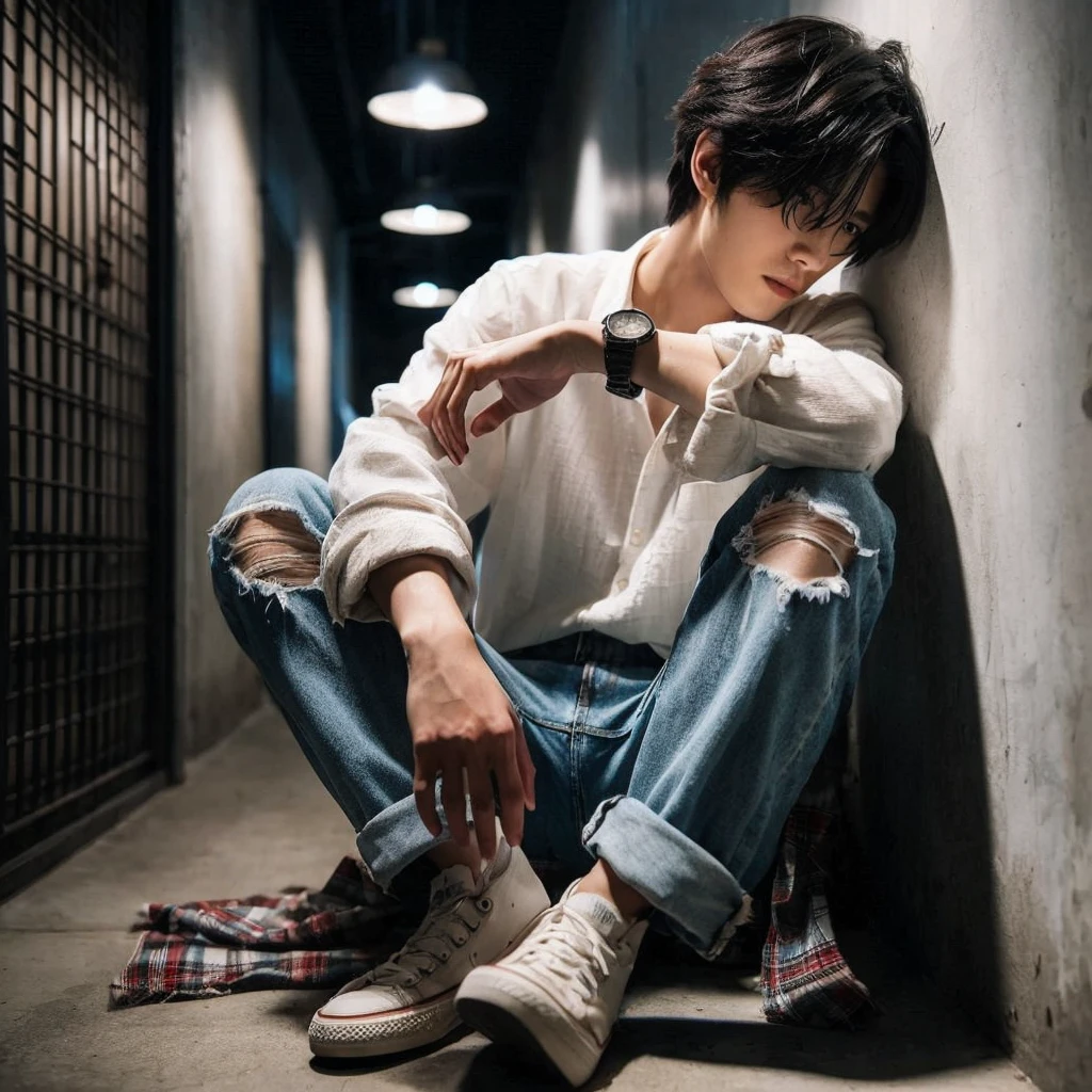 long shoot portrait, a 27-year-old Korean short mullet-haired man, wearing white shirts with flannel shirts torn blue jeans, ideal body, ideal height, sitting crouching on the floor leaning against a wall in a dark hallway with one light light, dim light, face down, realistic photo, ultra realistic, ultra-resolution, ultra-quality, ultra-resolution, ultra-resolution, very detail, 16k