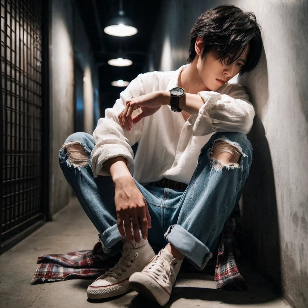 long shoot portrait, a 27-year-old Korean short mullet-haired man, wearing white shirts with flannel shirts torn blue jeans, ideal body, ideal height, sitting crouching on the floor leaning against a wall in a dark hallway with one light light, dim light, face down, realistic photo, ultra realistic, ultra-resolution, ultra-quality, ultra-resolution, ultra-resolution, very detail, 16k