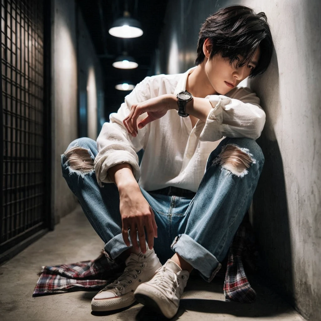 long shoot portrait, a 27-year-old Korean short mullet-haired man, wearing white shirts with flannel shirts torn blue jeans, ideal body, ideal height, sitting crouching on the floor leaning against a wall in a dark hallway with one light light, dim light, face down, realistic photo, ultra realistic, ultra-resolution, ultra-quality, ultra-resolution, ultra-resolution, very detail, 16k